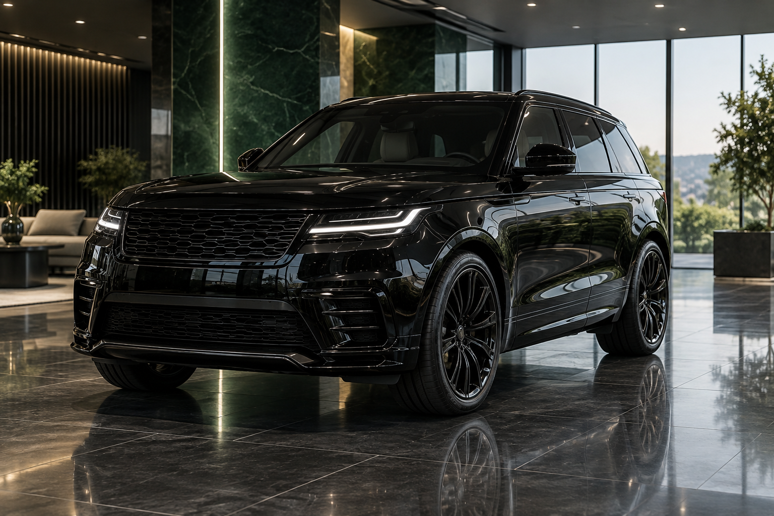 Black premium luxury SUV in a modern showroom