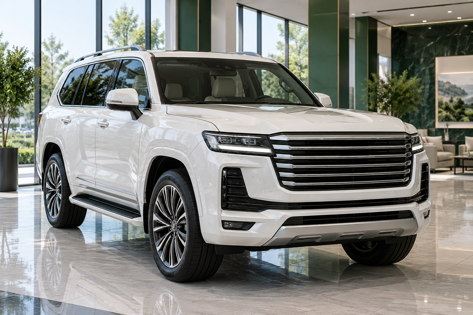White premium full-size SUV in a modern showroom