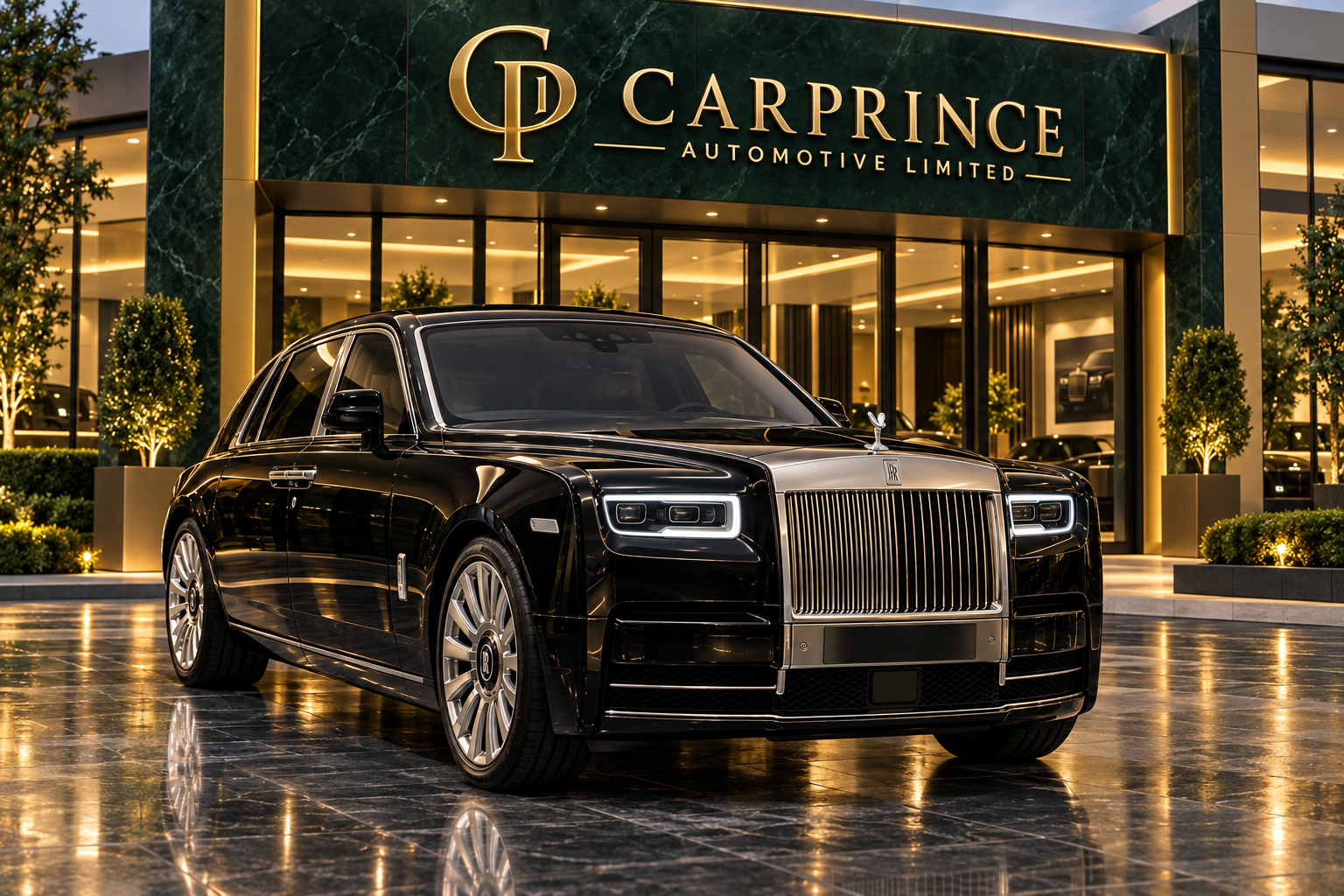 Black Rolls-Royce Phantom displayed in front of CARPRINCE Automotive Limited